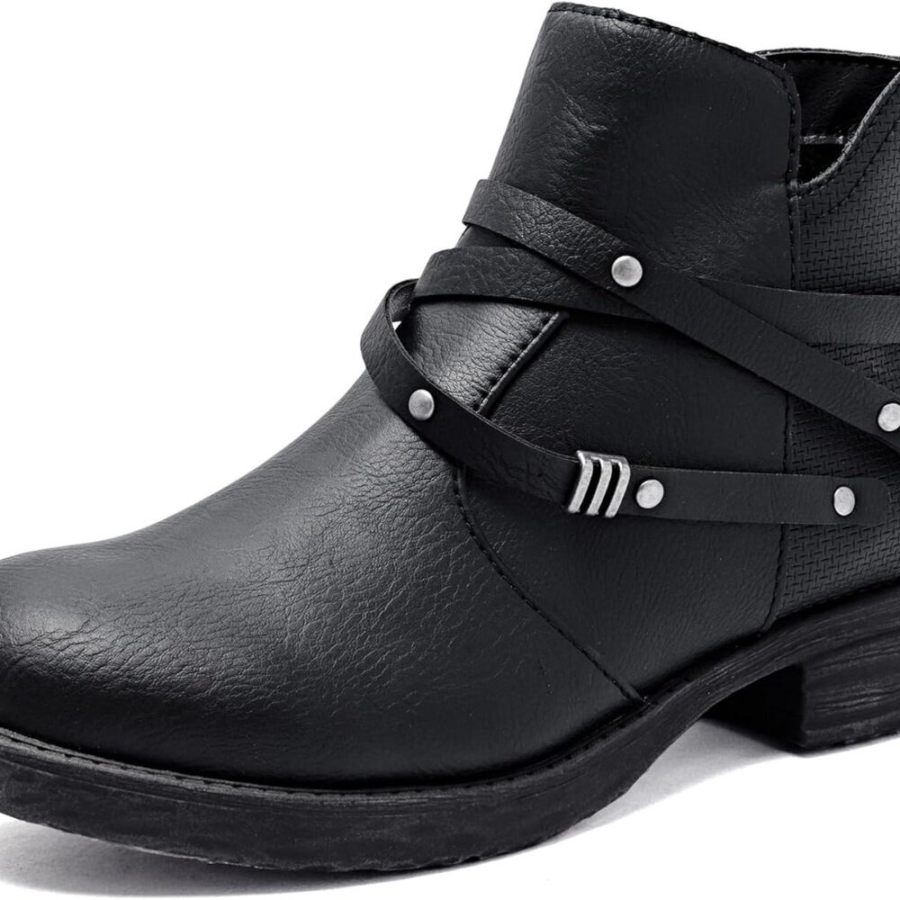 Women's Faux Leather Ankle Boots Waterproof Zip Side Buckle Platform Low Heel